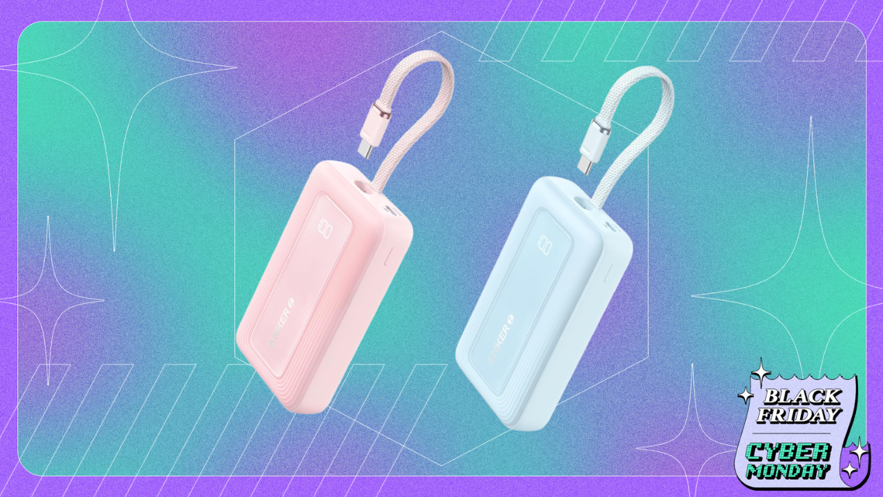pink and blue anker portable chargers against abstract background