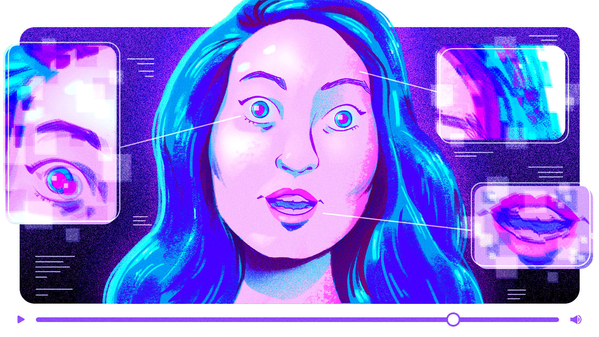 Illustration of a video still of a woman in a talking head format with various aspects of her appearance zoomed in on 