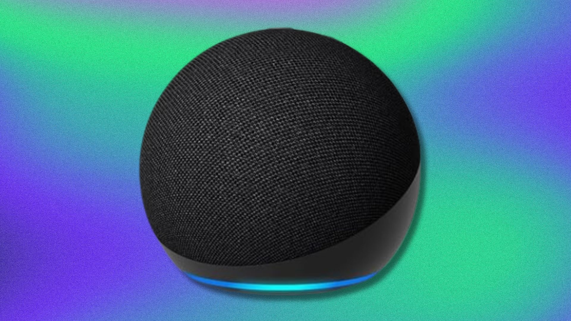 charcoal amazon echo dot on a purple and green gradient background