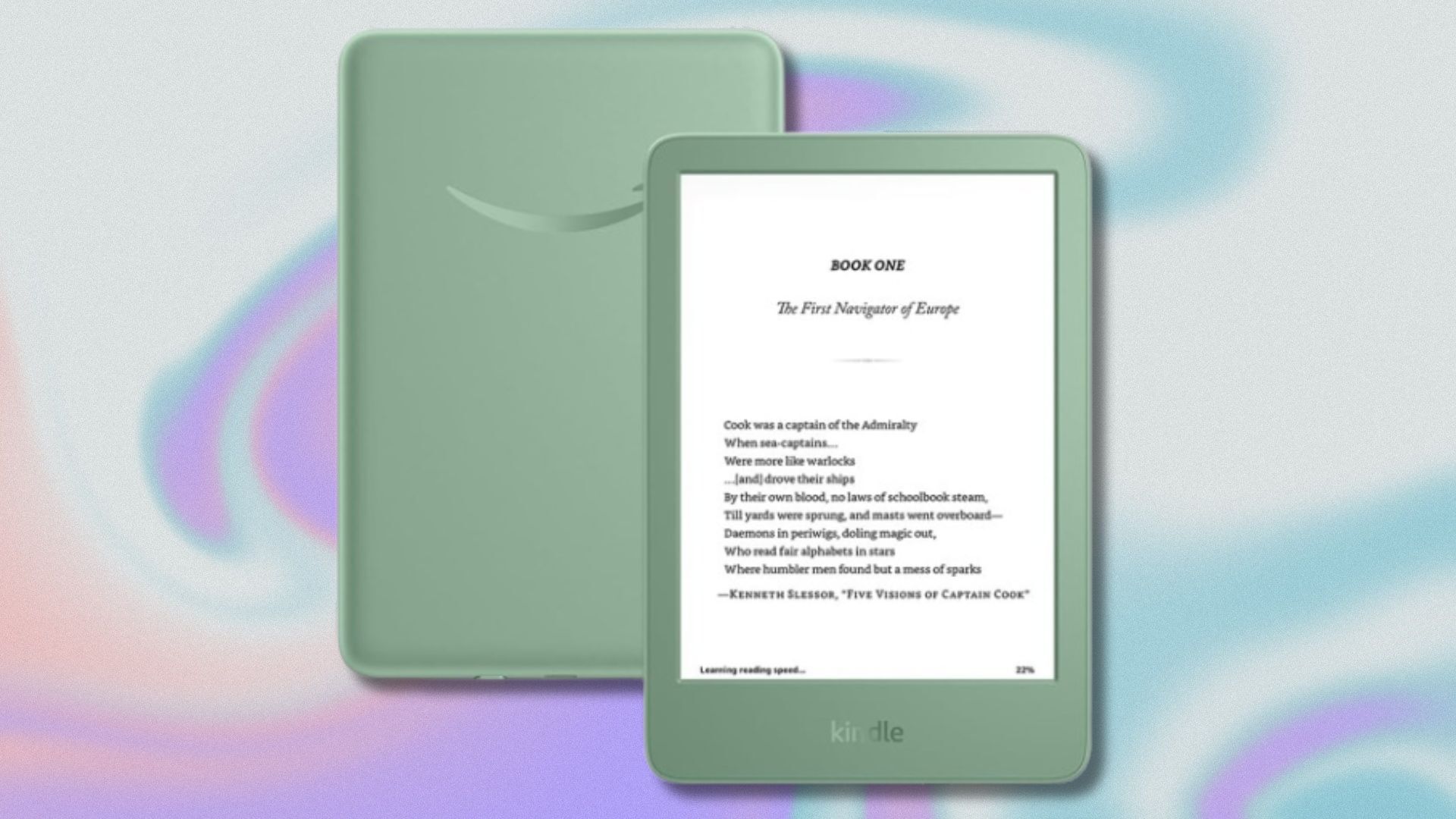 matcha colored kindle on a light blue and purple swirling background