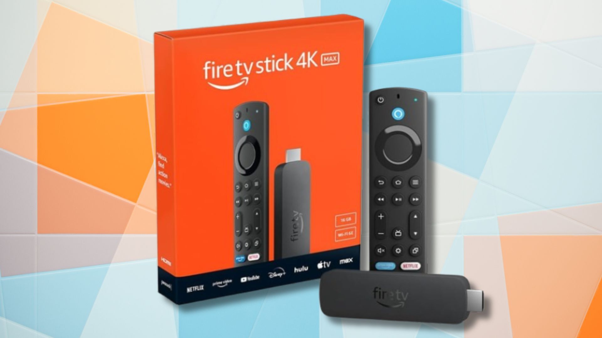 amazon fire tv stick 4k max streaming stick and box on a blue and orange geometric background