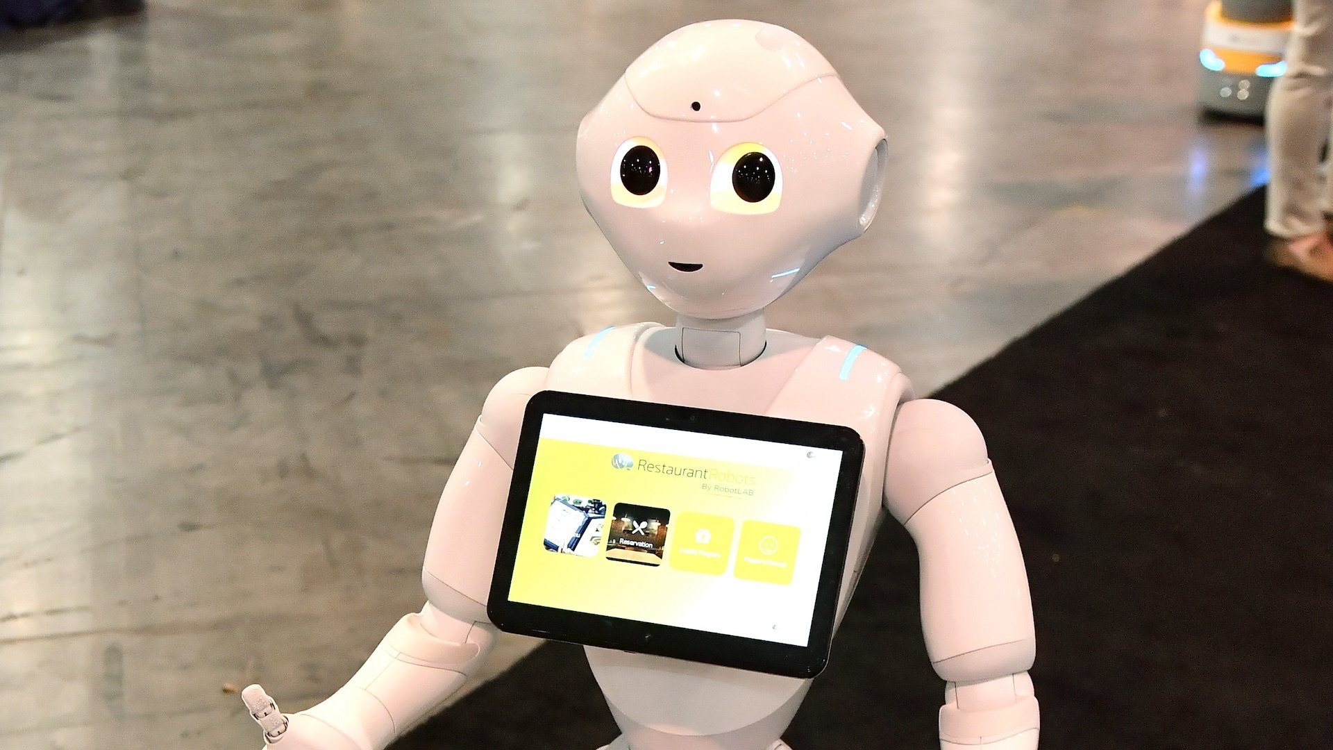 A RobotLAB restaurant robot at the 2023 Bar & Restaurant Expo and World Tea Expo at the Las Vegas Convention Center.