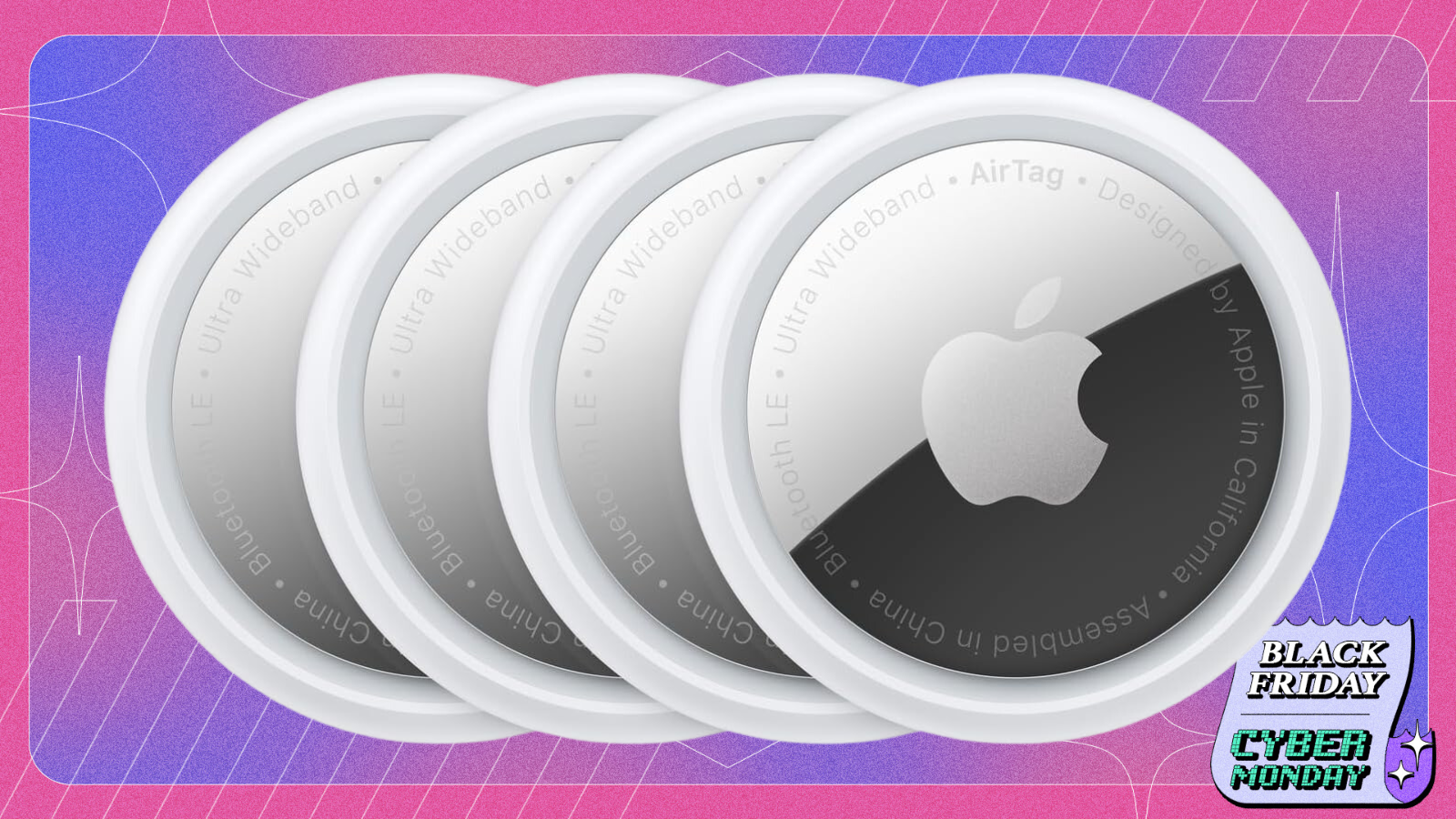 Apple AirTag 4-Pack purple and pink black friday background