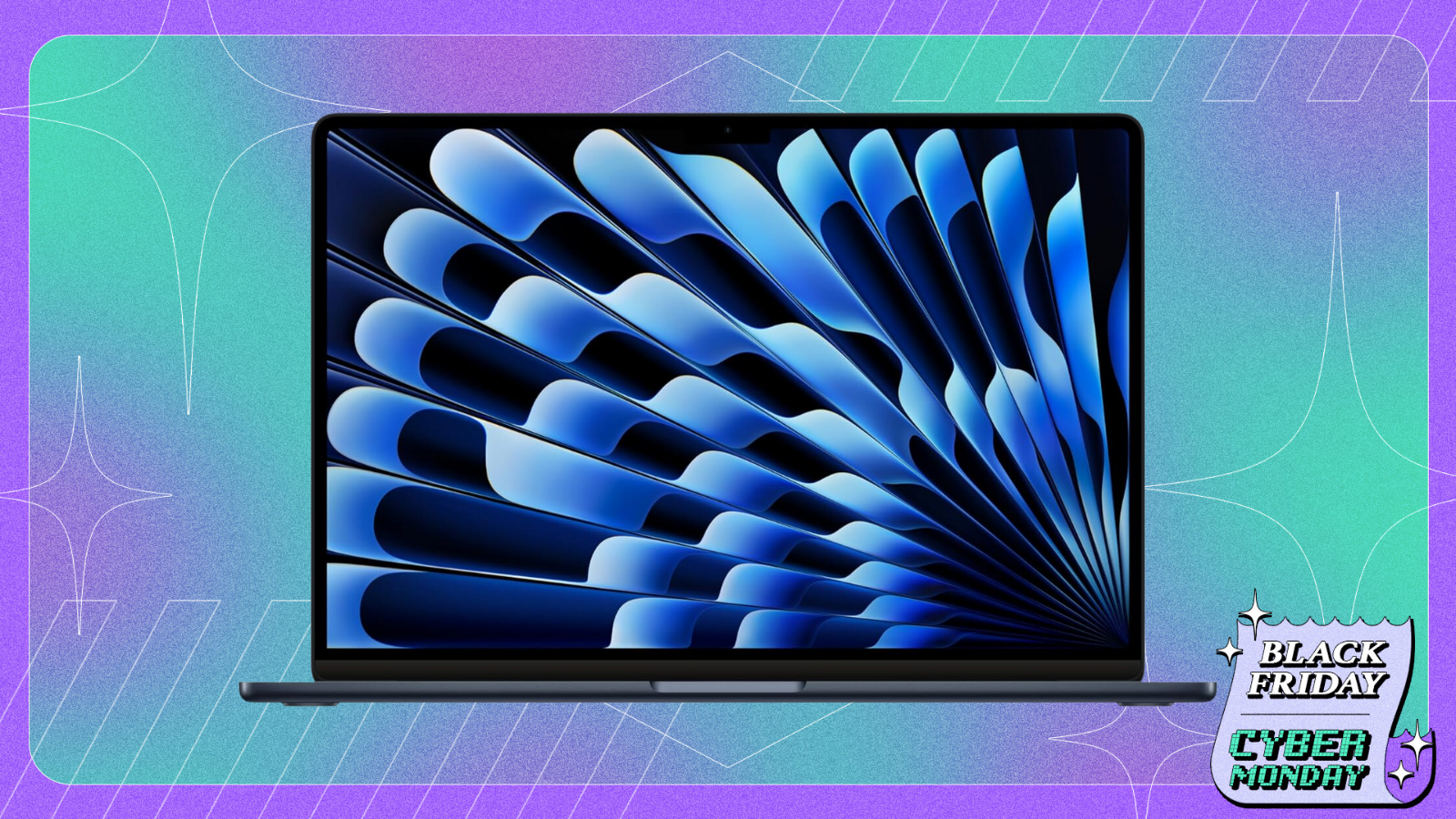 Apple MacBook Air M2 on a purple and blue Black Friday gradient background