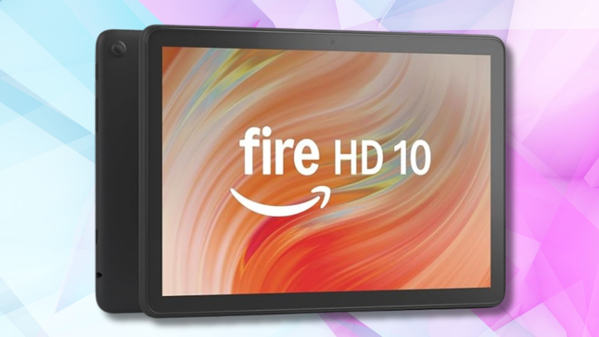 amazon fire hd 10 tablet on a light blue and purple geometric background