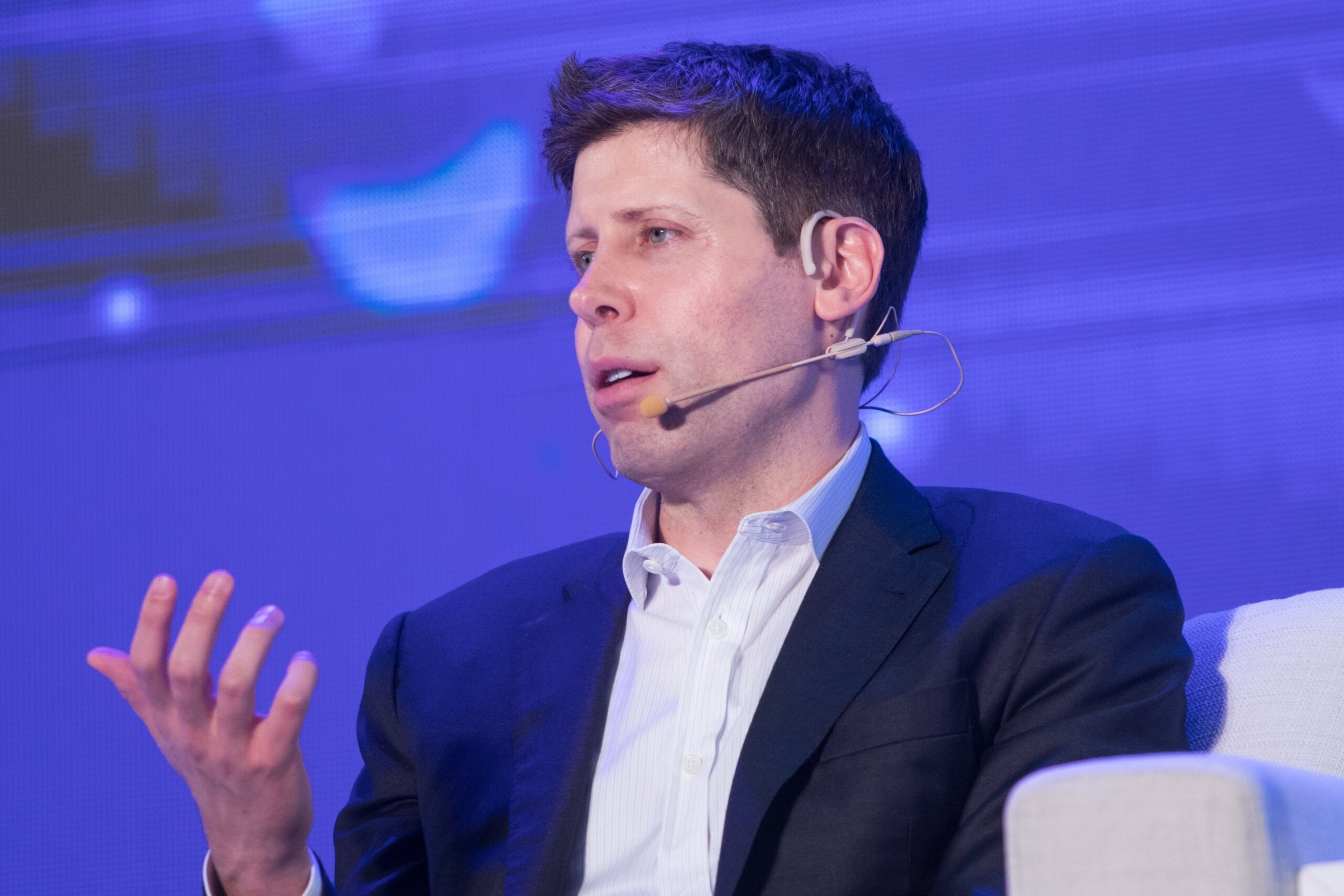 OpenAI CEO Sam Altman speaking on stage at the artificial intelligence(AI)  Revolution Forum  in Taipei on September 25, 2023.