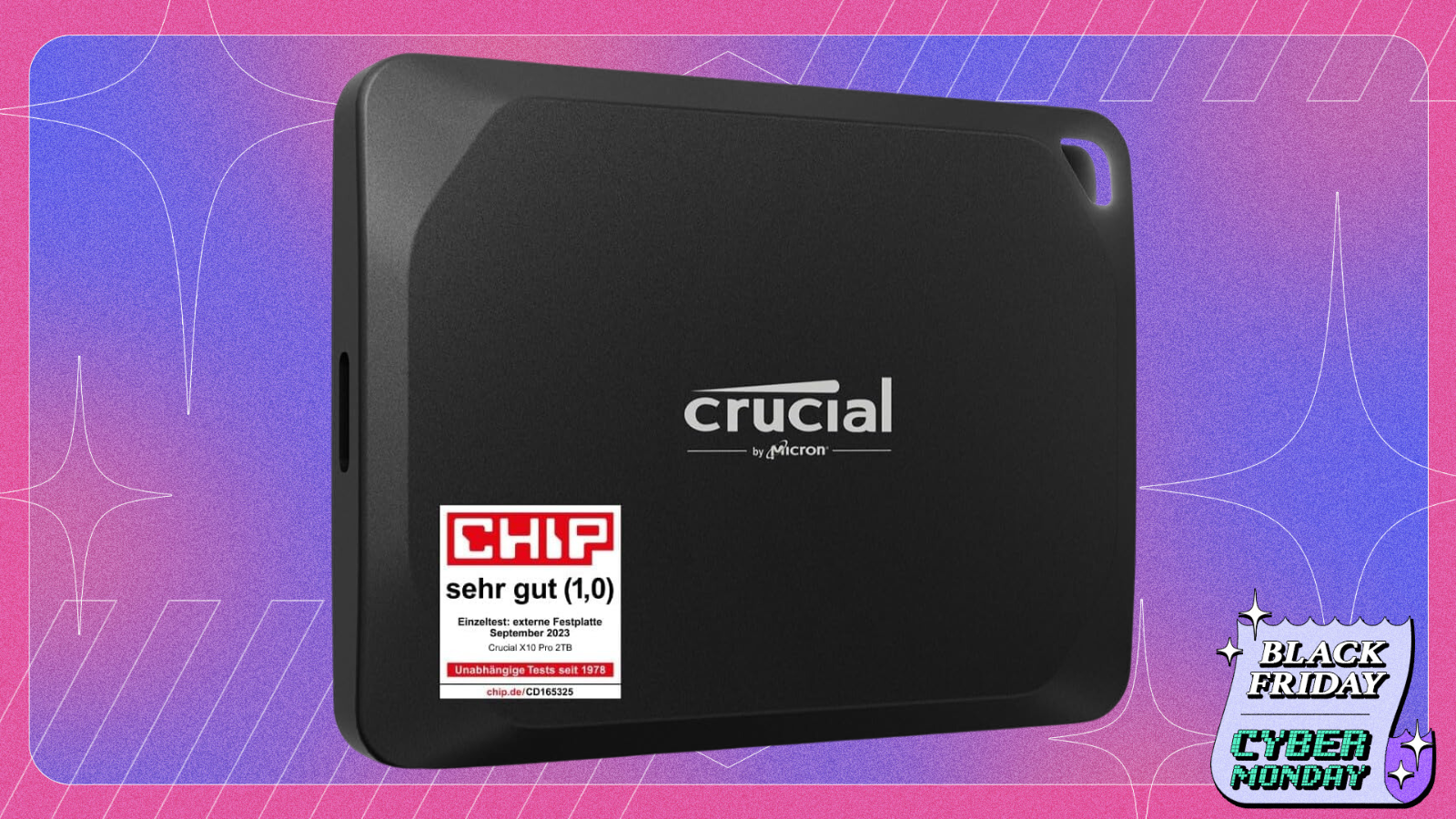 Crucial X10 Pro 2TB on a purple black friday background