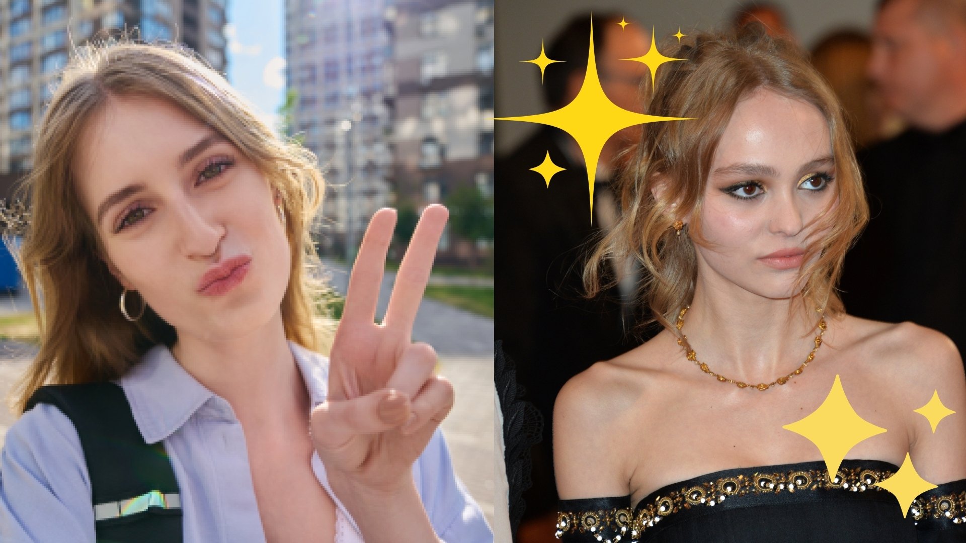 A woman throwing up a peace sign next to Lily-Rose Depp