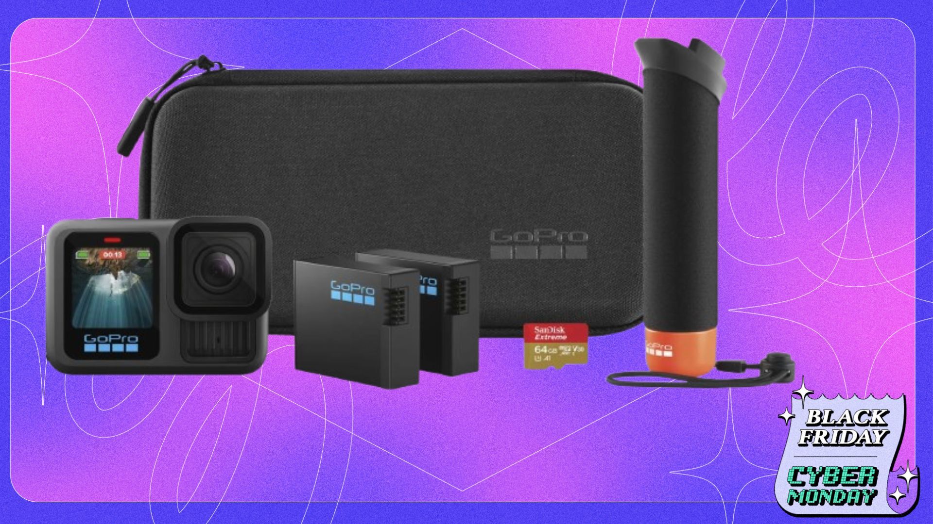 A GoPro Hero13 along with accessories appear on a purple background with the Mashable Black Friday coverage logo.