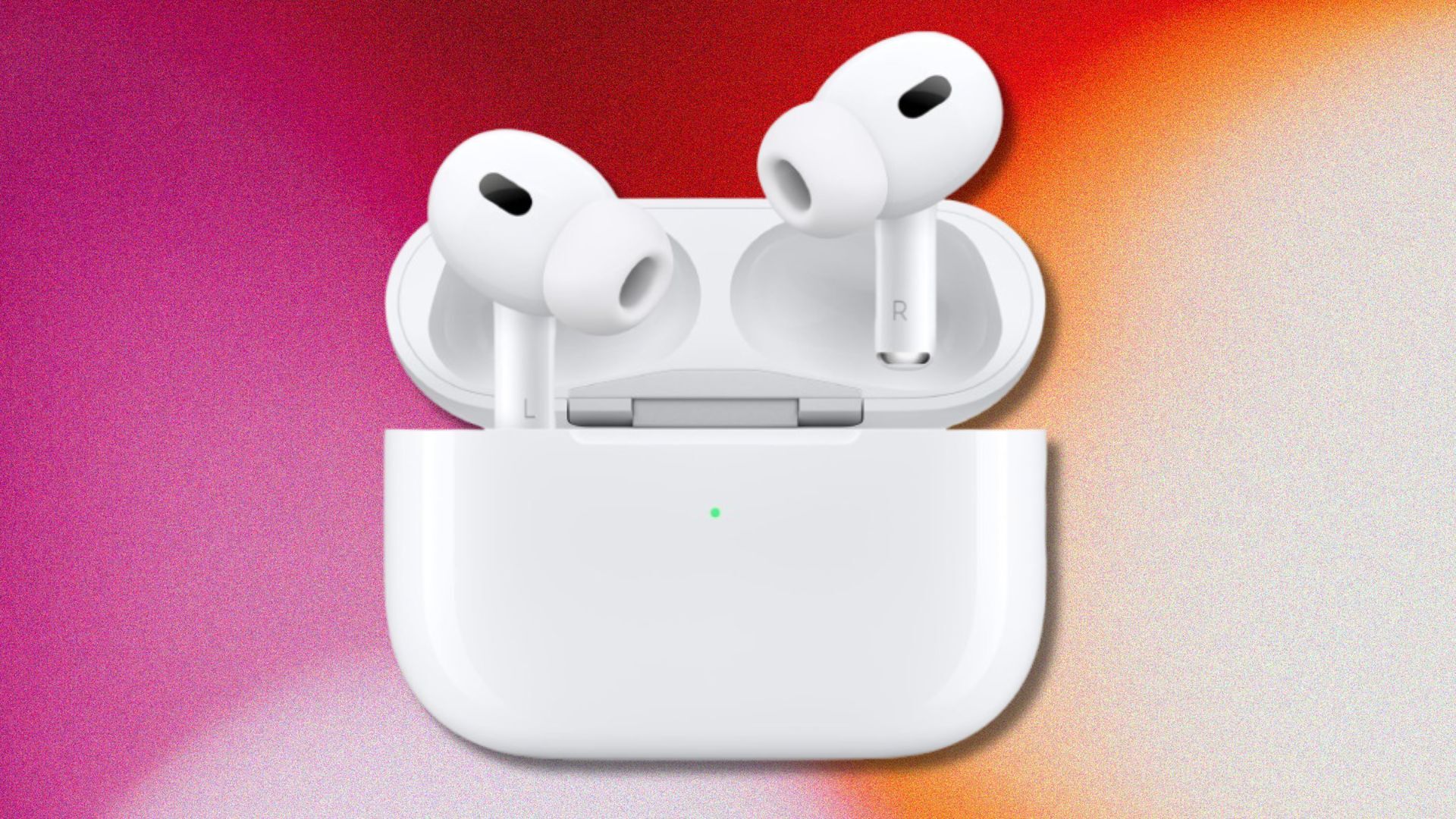 apple airpods pro 2 on a pink and orange gradient background