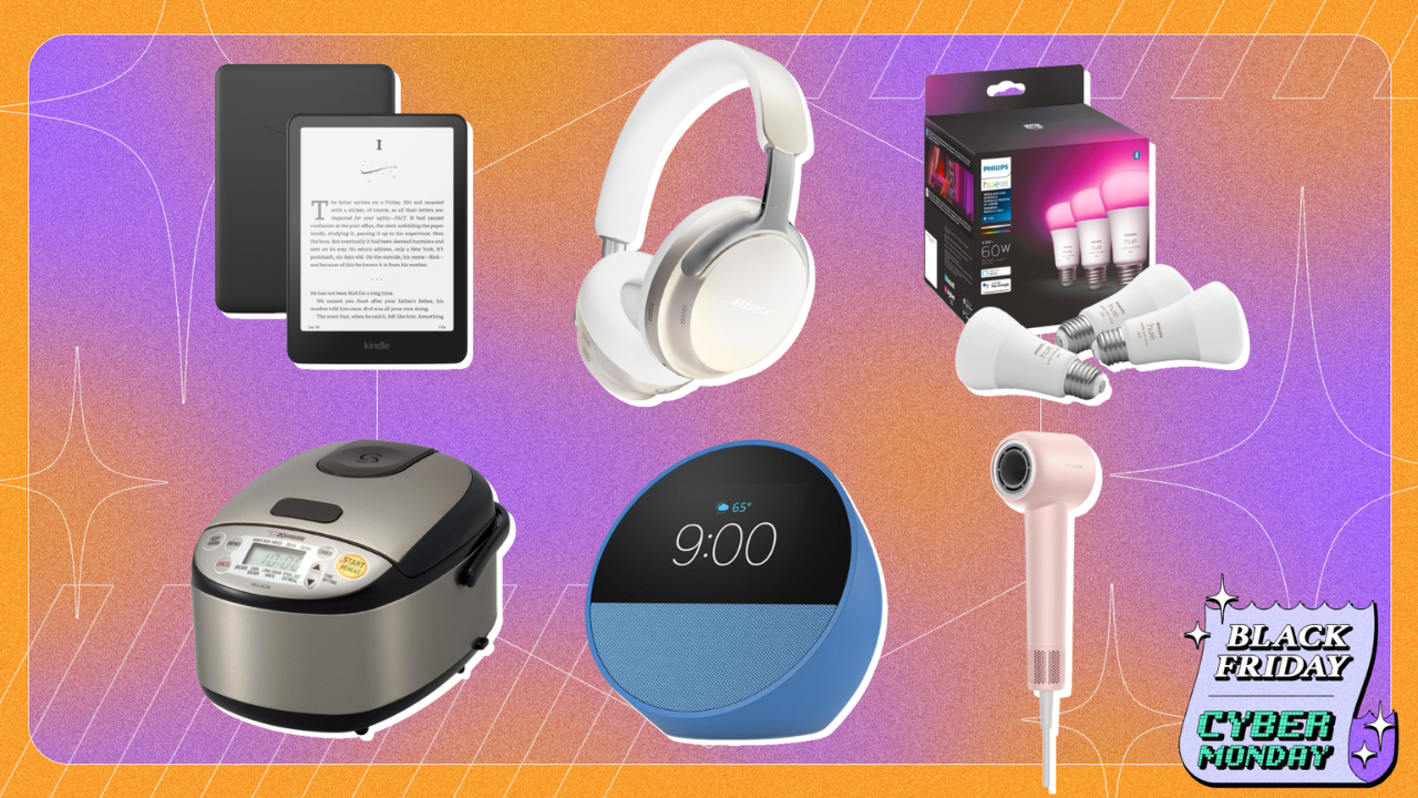 kindle, bose headphones, hue bulbs, rice maker, echo spot, and dreame hair dryer against purple and orange background