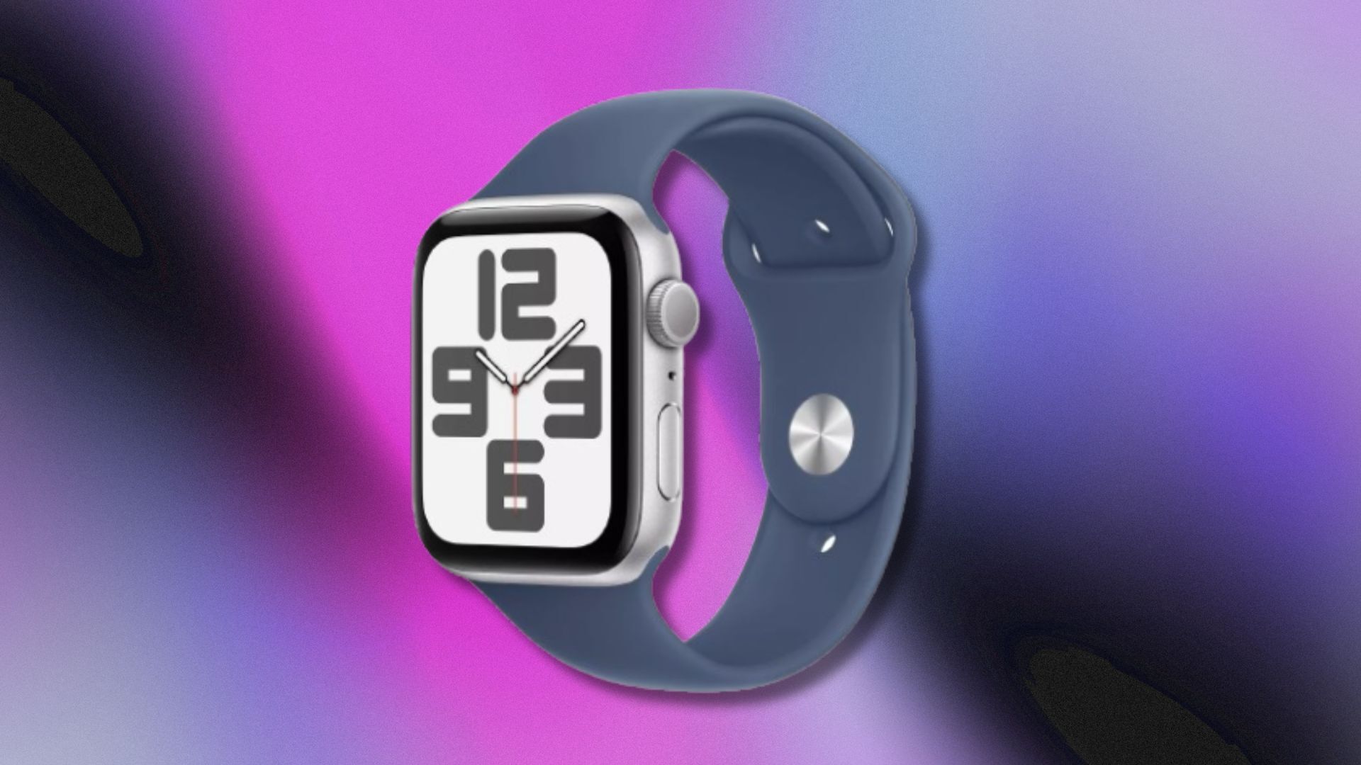 silver apple watch se with blue sport band on a pink, purple, and black gradient background