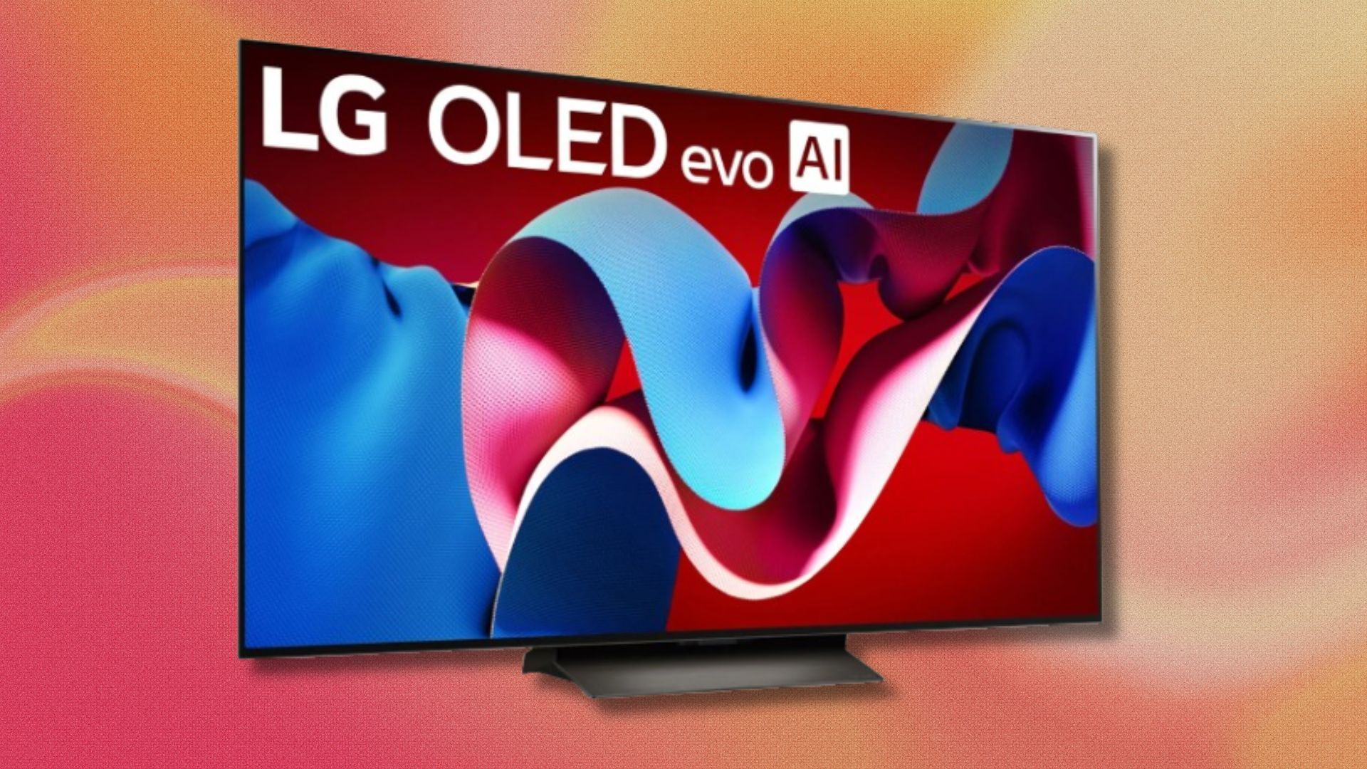 65-inch lg c4 4k oled tv on a pink and orange swirling background