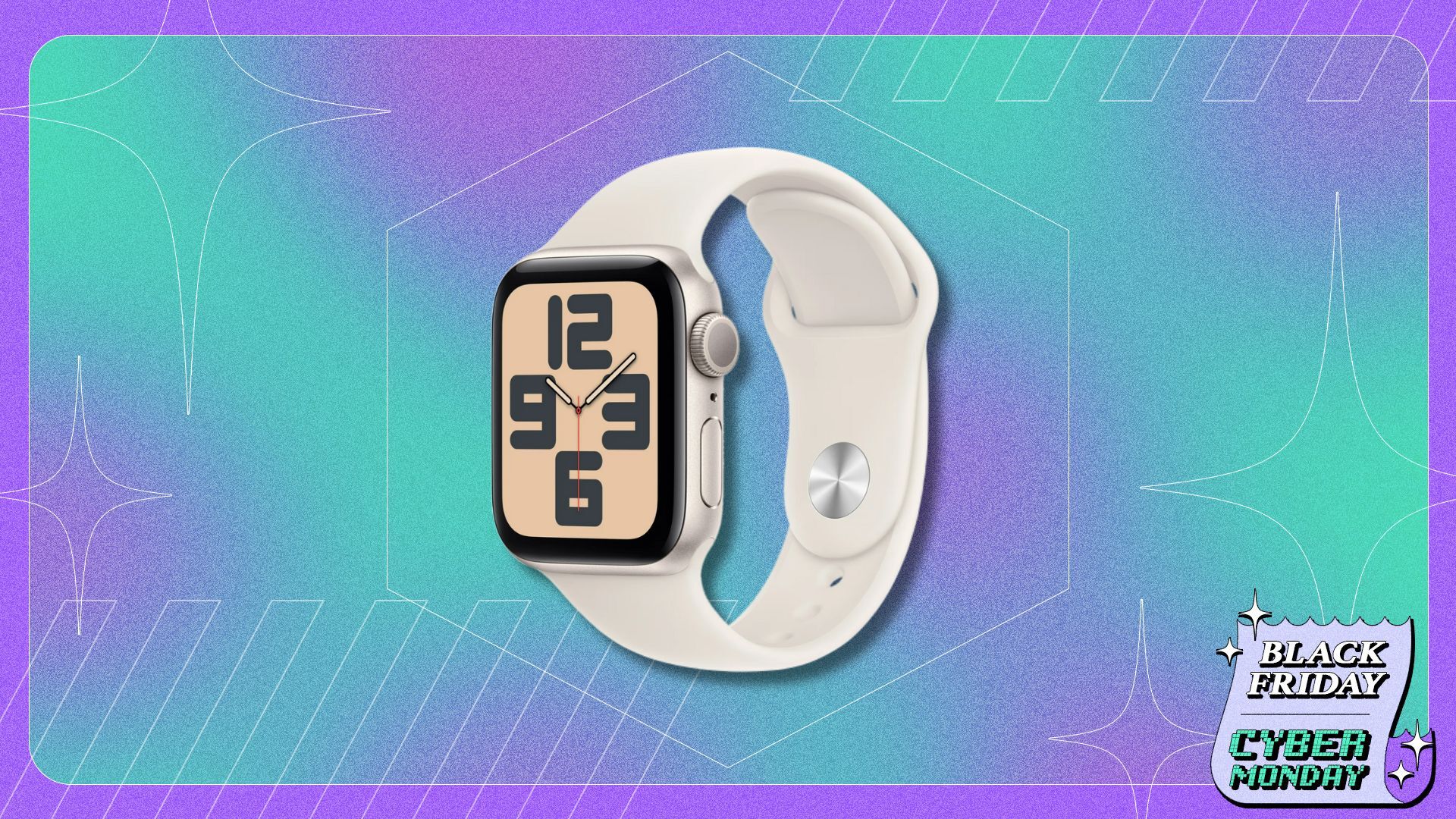 starlight color apple watch se on a purple and blue patterned background