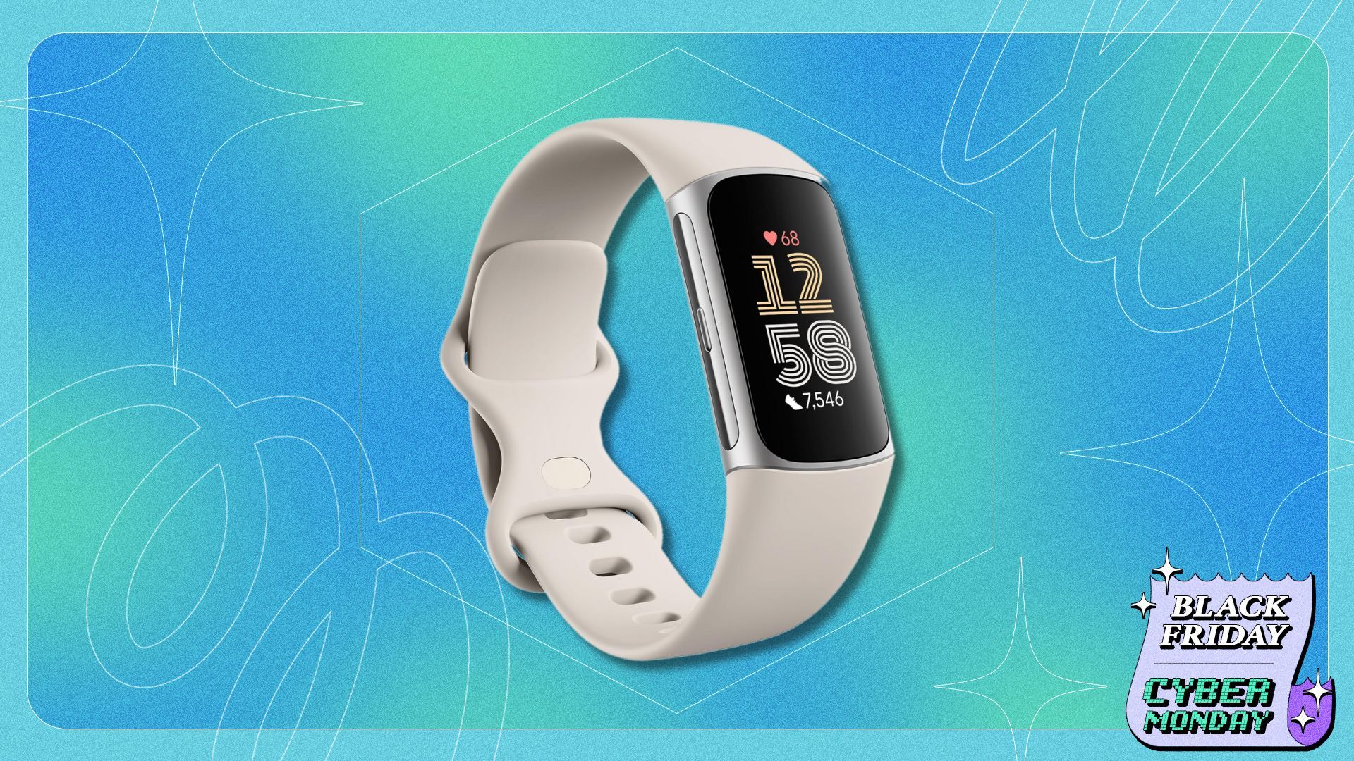 fitbit charge 6 with a white band on a blue and green patterned background