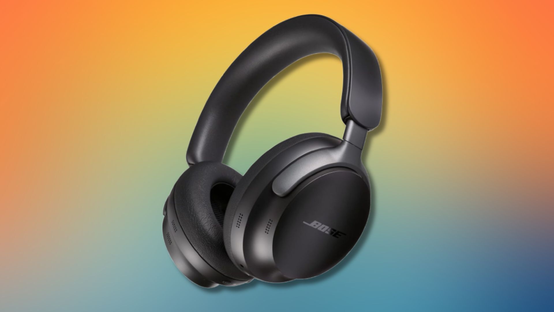 black bose quietcomfort ultra headphones on a blue and orange gradient background