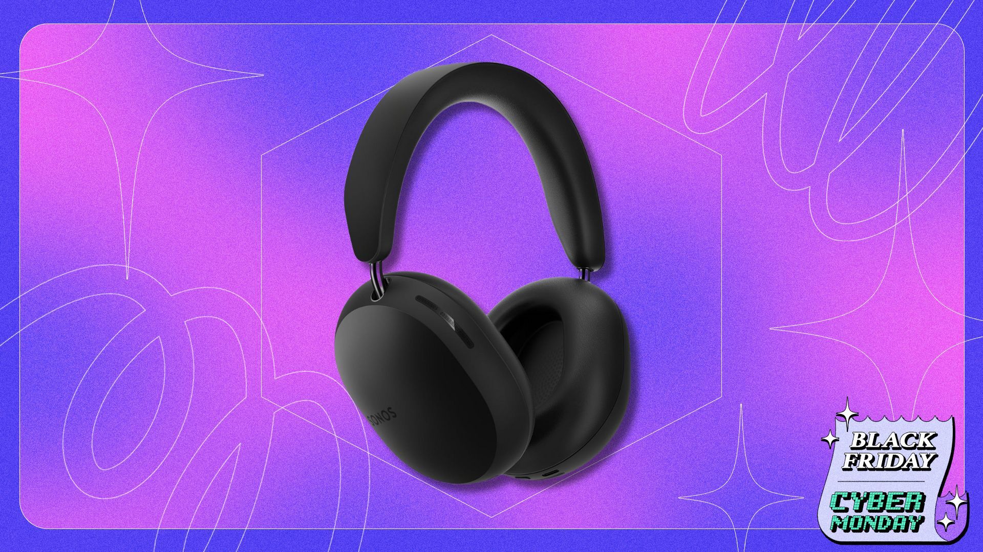 black sonos ace headphones on a purple and pink patterned background