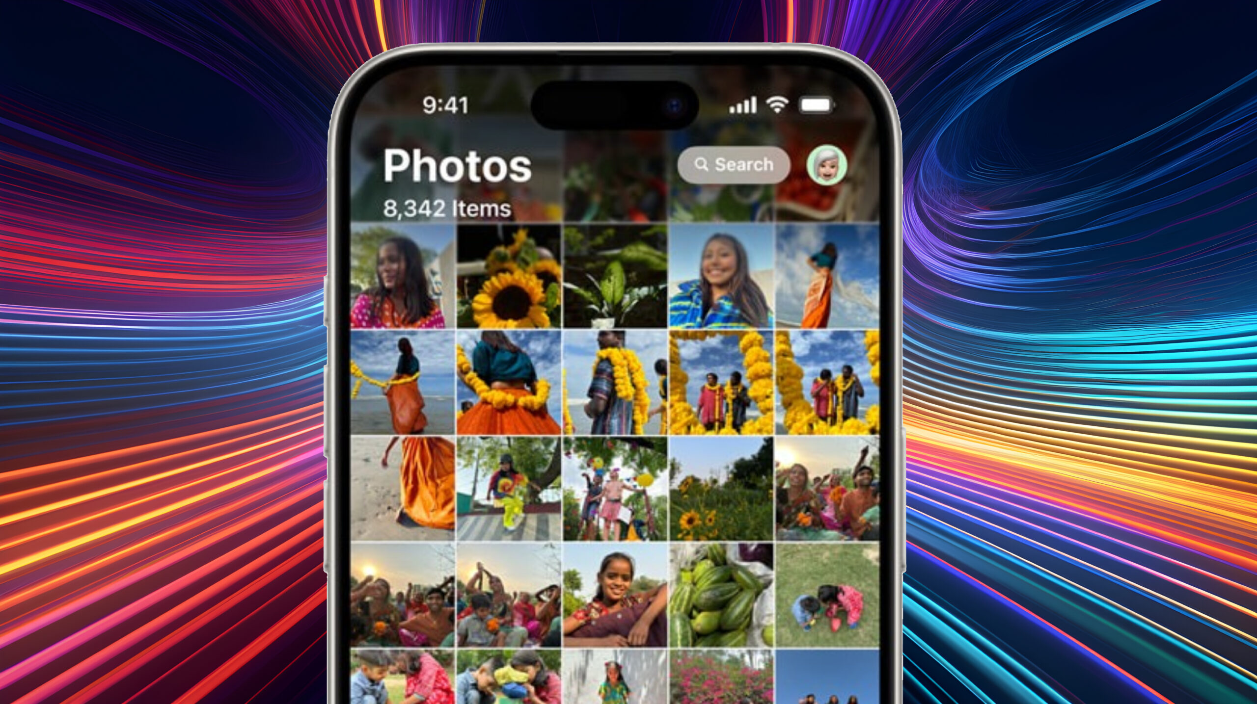 iOS 18 Photos app with colorful background