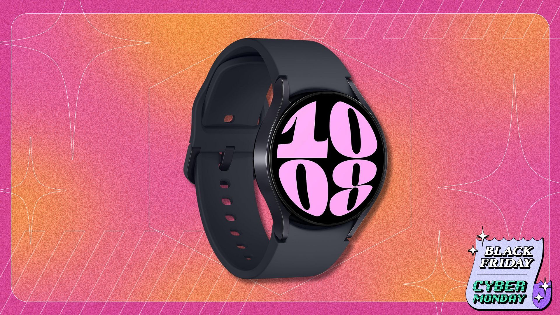 samsung galaxy watch 6 on a pink and orange patterned background
