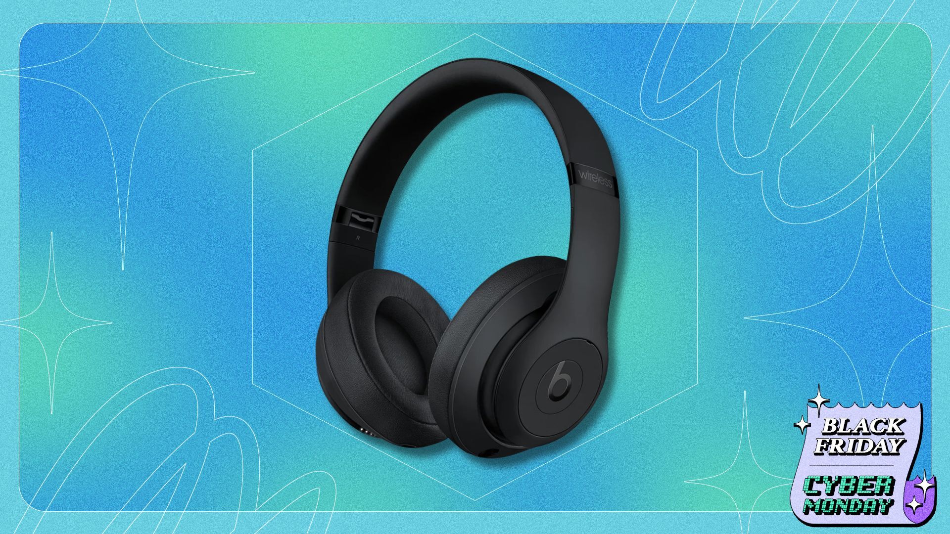 black beats studio 3 headphones on a blue and green patterned background