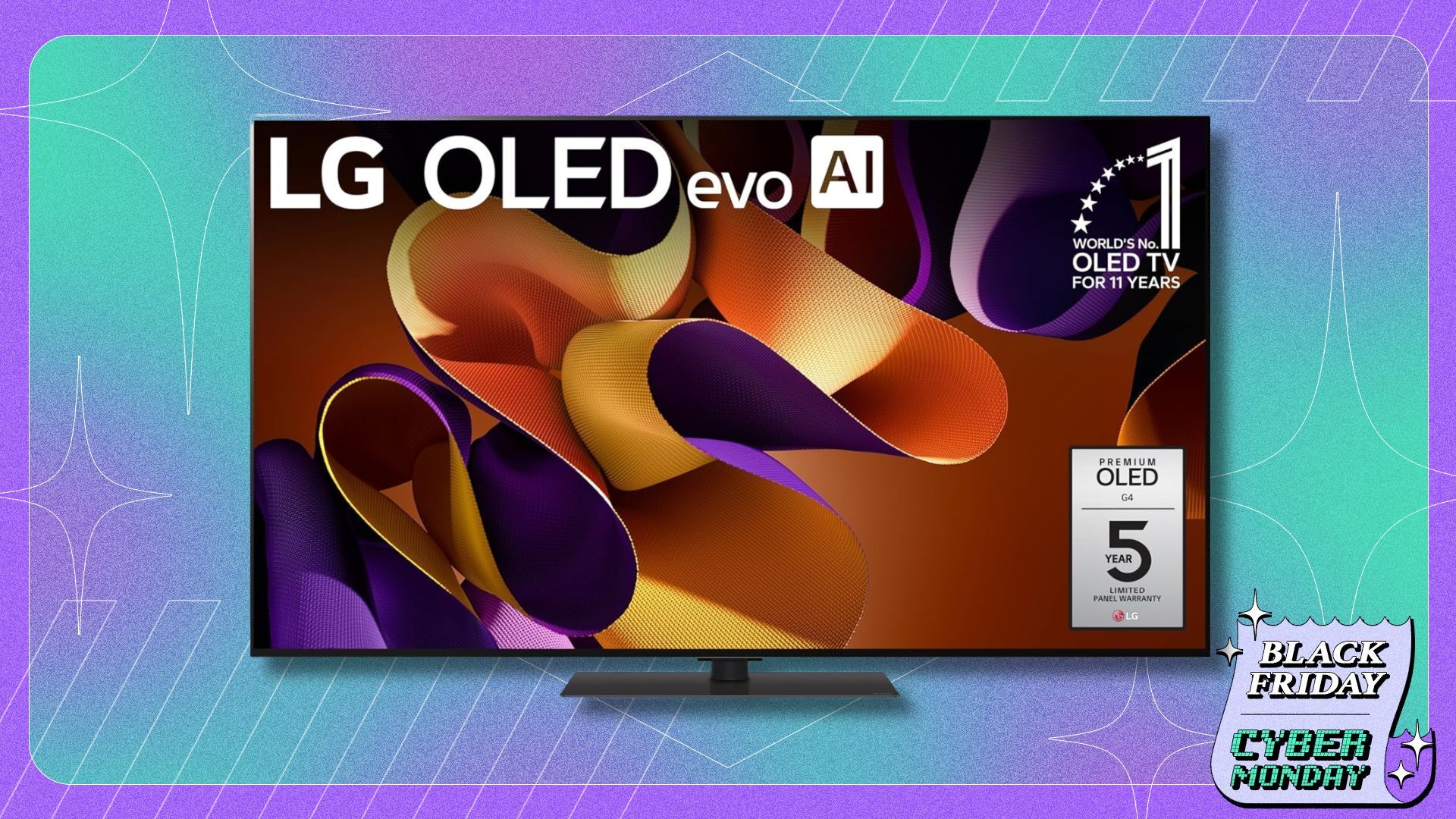 65-inch lg g4 tv on a purple and blue patterned background
