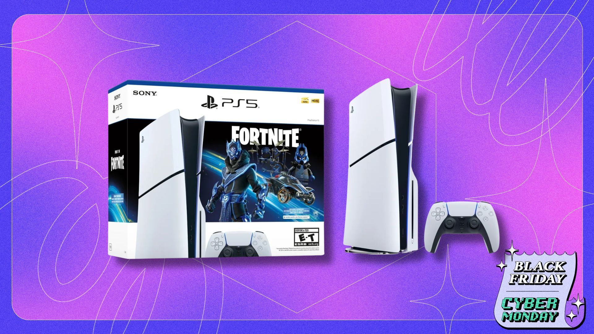 playstation 5 fortnite cobalt star bundle box on the left and the ps5 slim console and dualsense controller on the right against a purple and pink patterned background