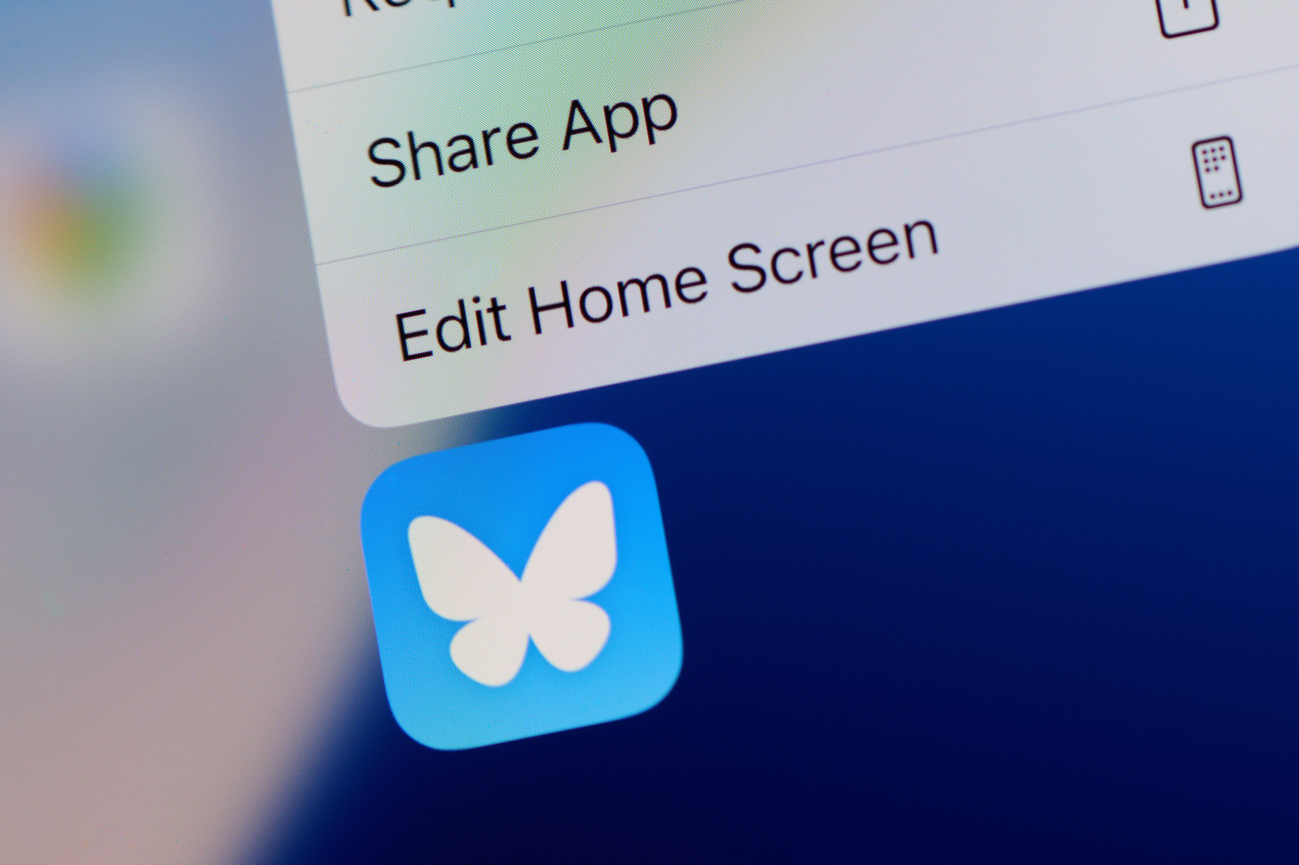 The Bluesky app logo on an iPhone home screen. 