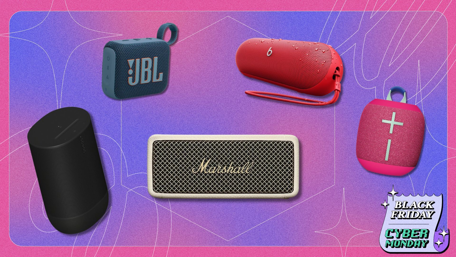 gradient pick and purple background with speakers from Sonos, JBL, Marshall, Beats, Ultimate Ears