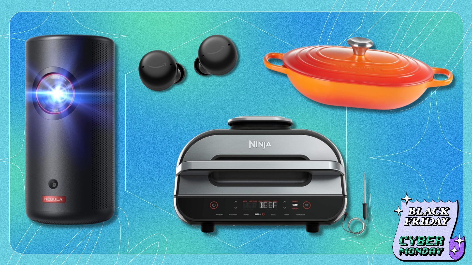 an anker projector, amazon echo buds, ninja grill, and orange Le Creuset cast iron dish on a turquoise black friday background