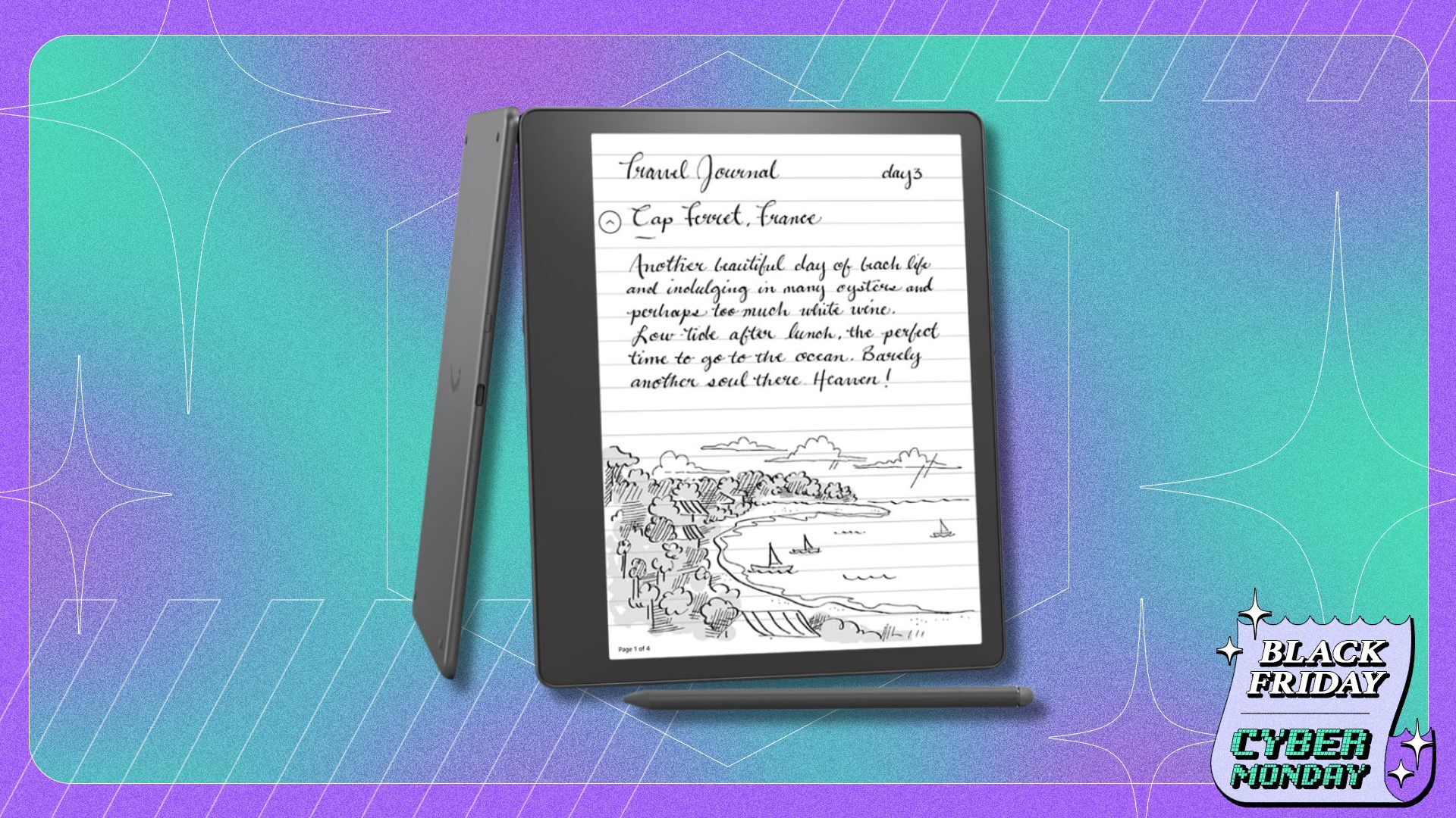 kindle scribe on a blue and purple patterned background