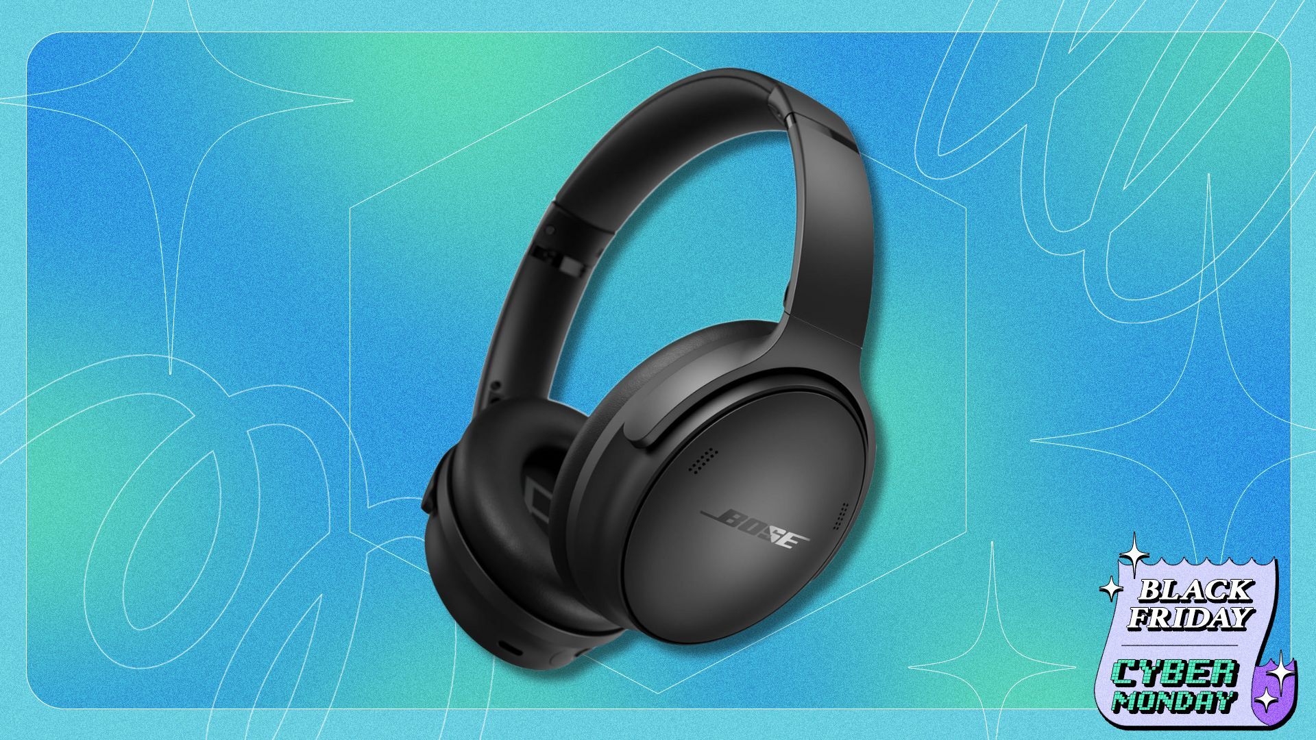 black bose quietcomfort headphones on a blue and green patterned background