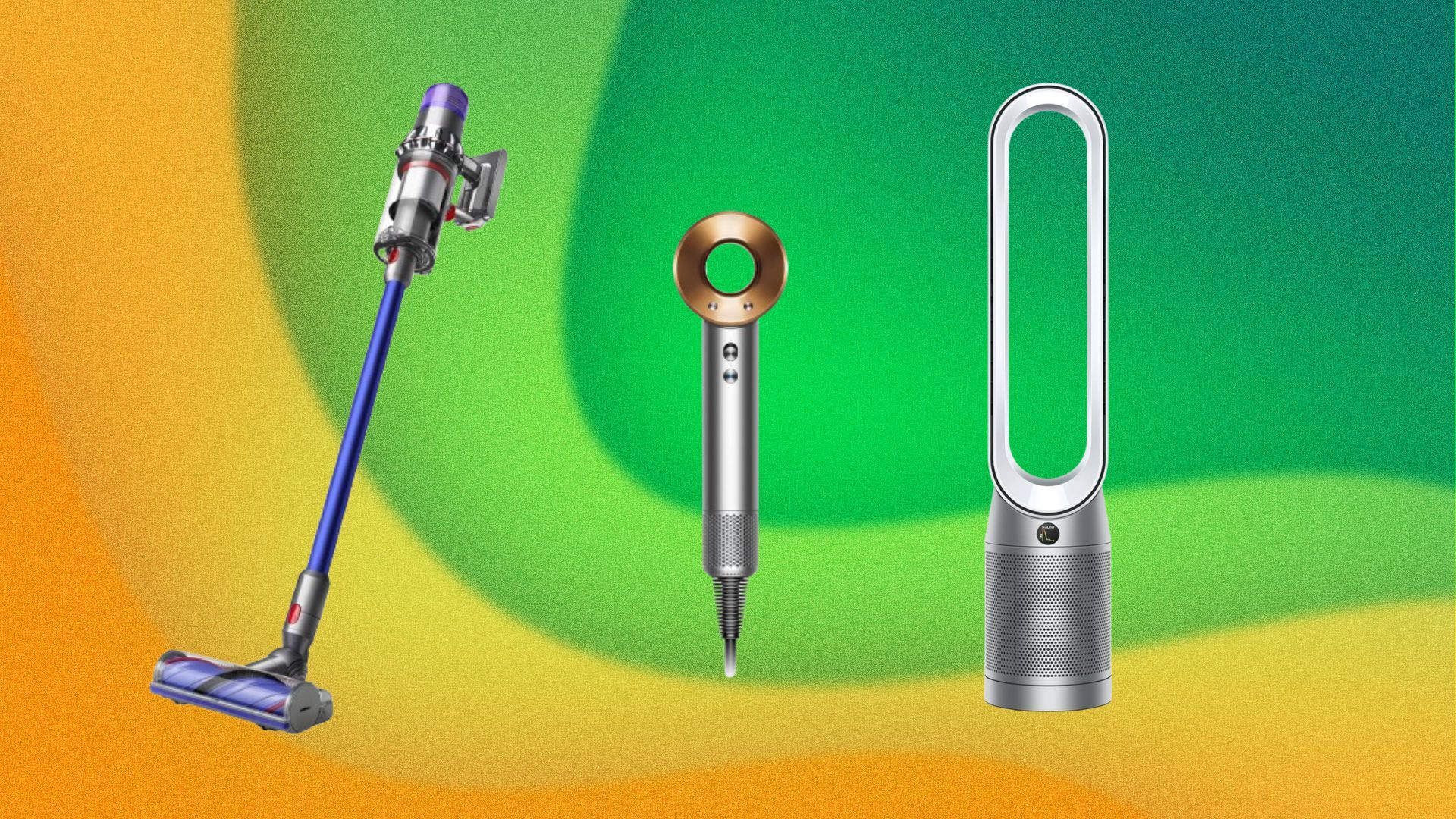 A Dyson vacuum, Dyson hair dryer, and Dyson air purifier appear on a green and yellow background.