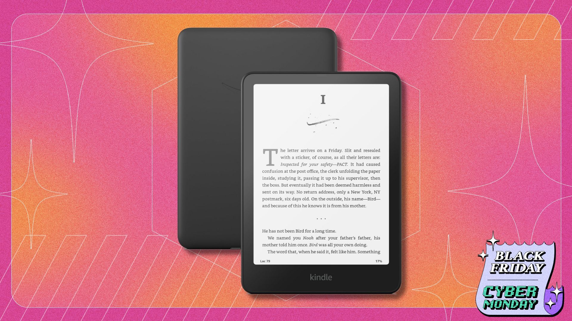 black kindle paperwhite on a pink and orange patterned background