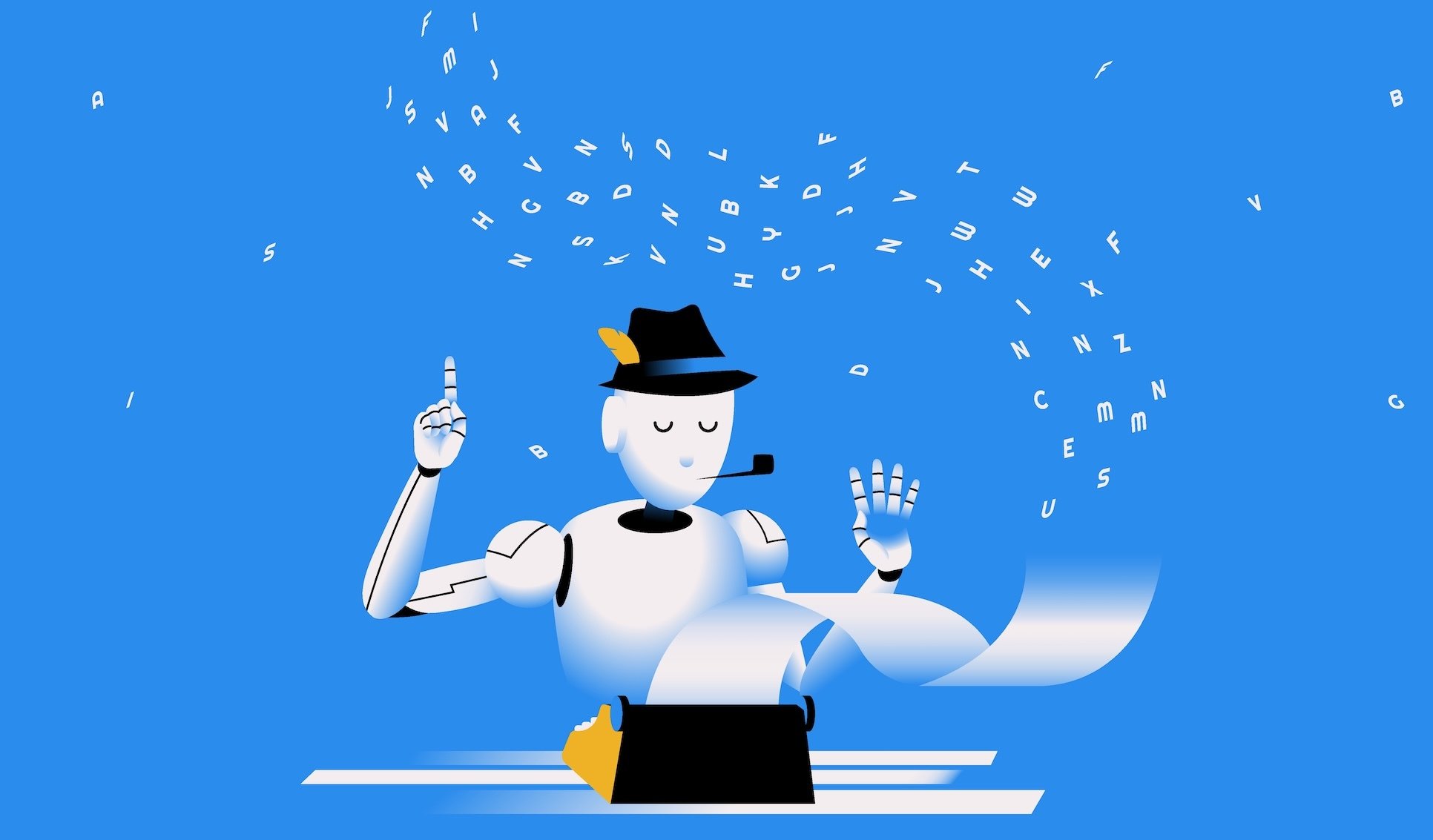 A robot at a typewriter sending words into the air. 