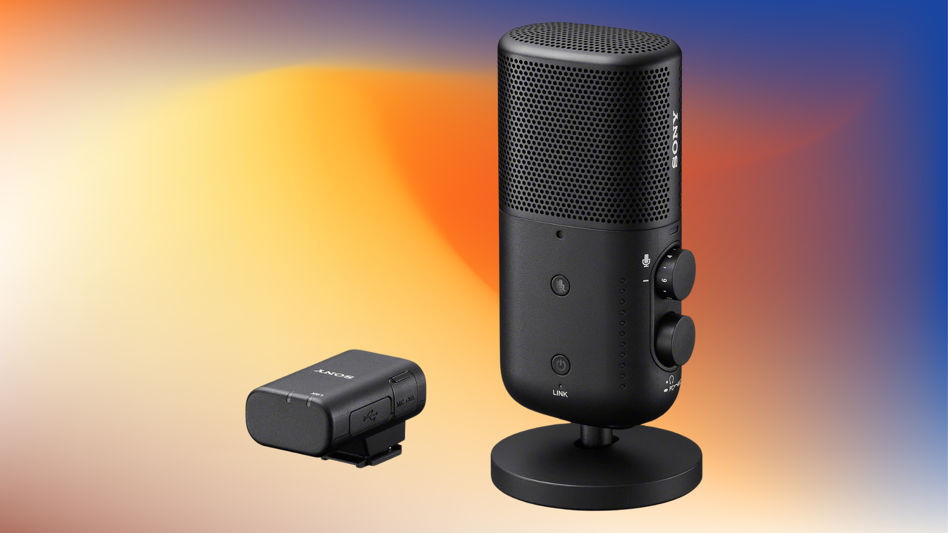 Sony ECM-S1 wireless streaming microphone on a pastel watercolor background