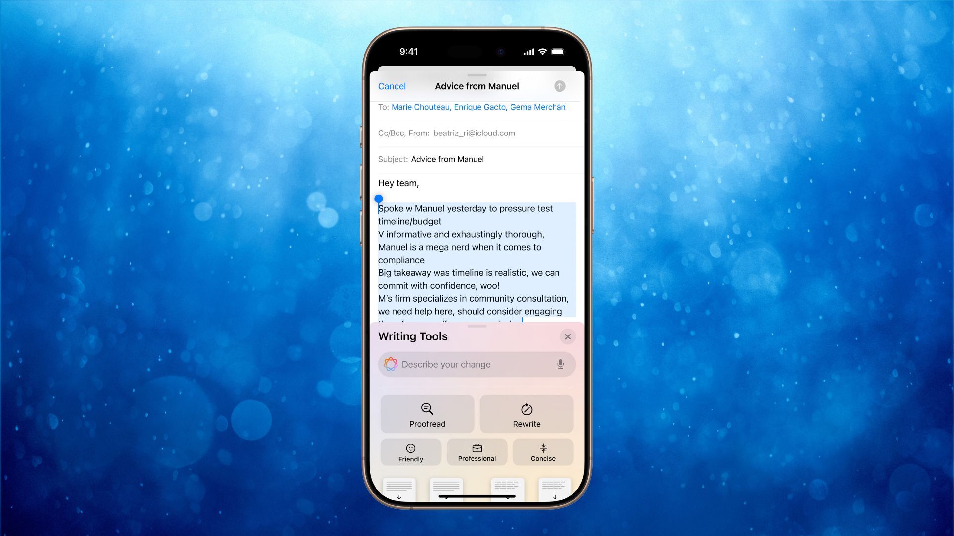 ios 18 Writing Tools feature on an iPhone against an abstract blue background