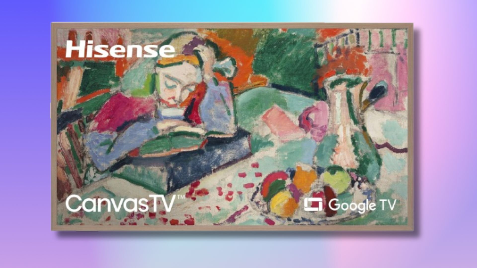 65-inch hisense canvas tv on a purple and blue gradient background