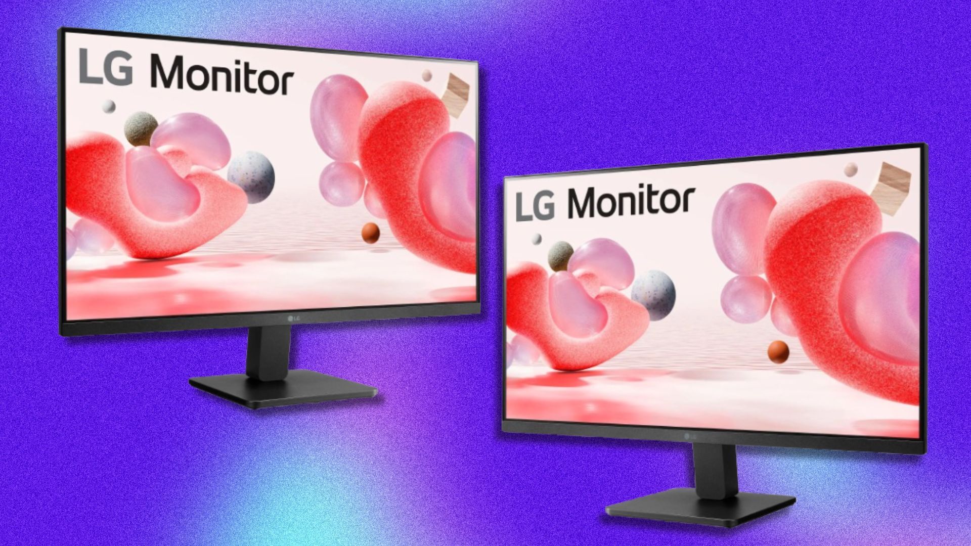 two lg monitors angled towards each other on a purple and blue background