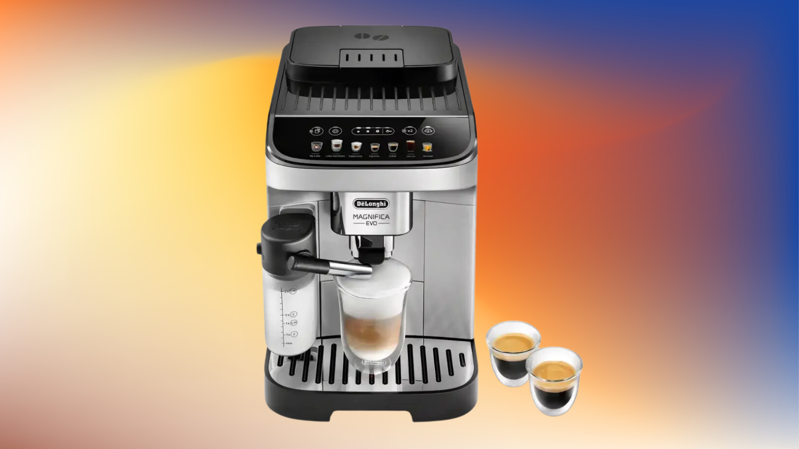 De’Longhi Magnifica Evo on a peach, yellow and blue watercolor gradient background