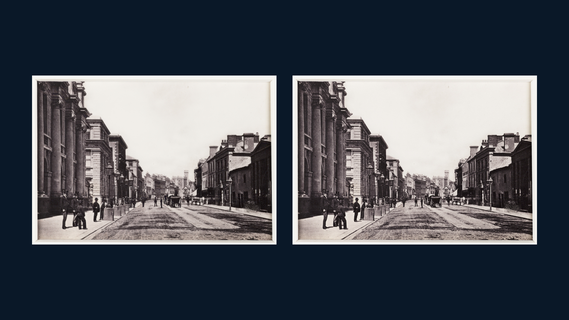 Two black and white photographs of Cardiff High Street, 1880 before and after being upscaled using the application Gigapixel.
