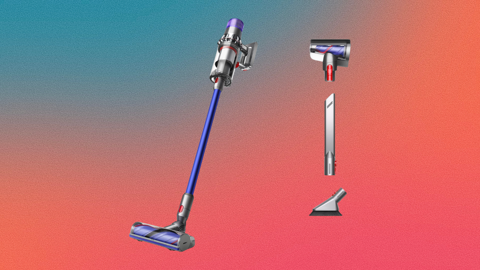 Dyson V11 Origin vacuum on a grain blue, peach and pink background