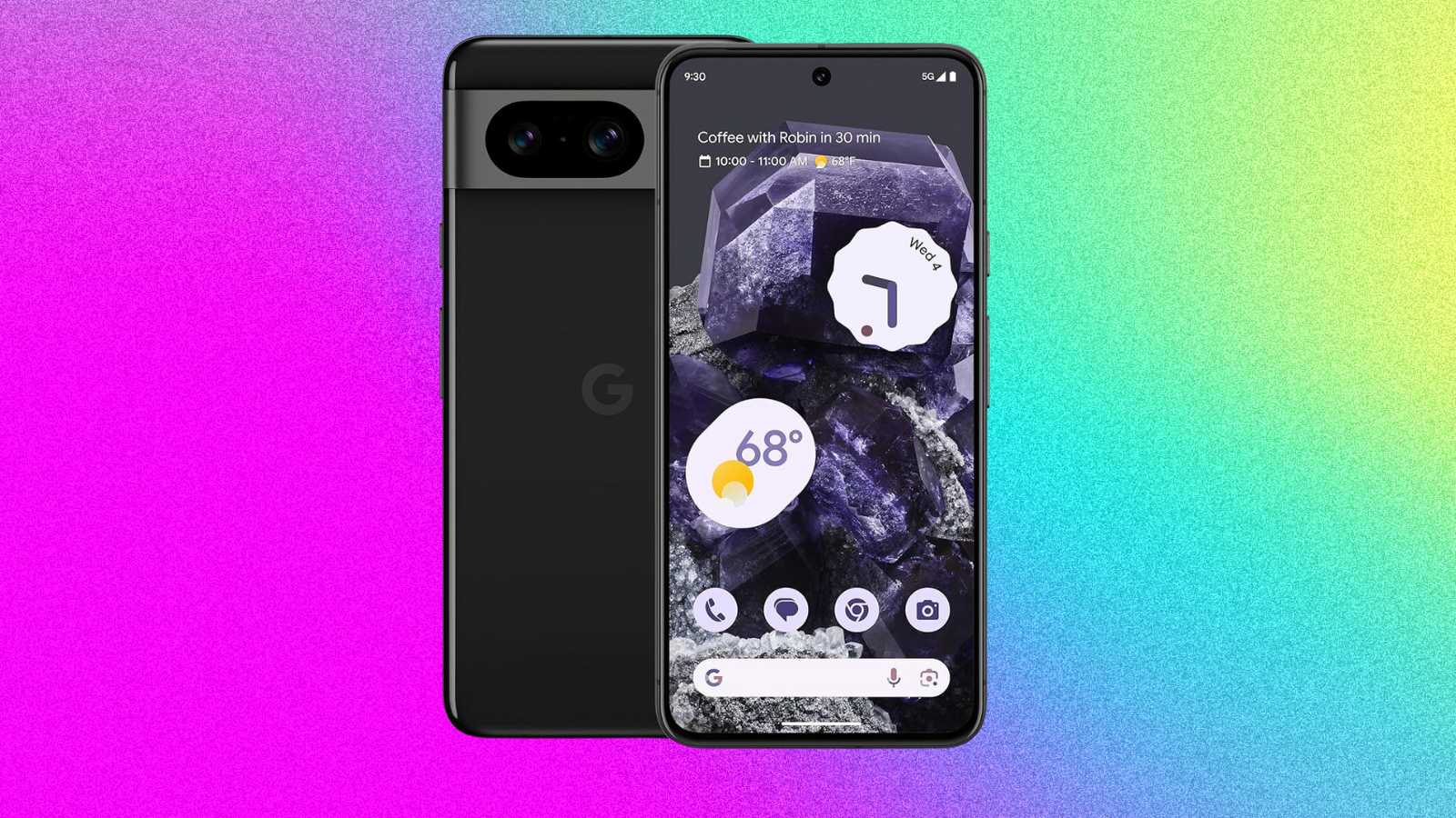 Google Pixel 8 on a neon pink to blue gradient