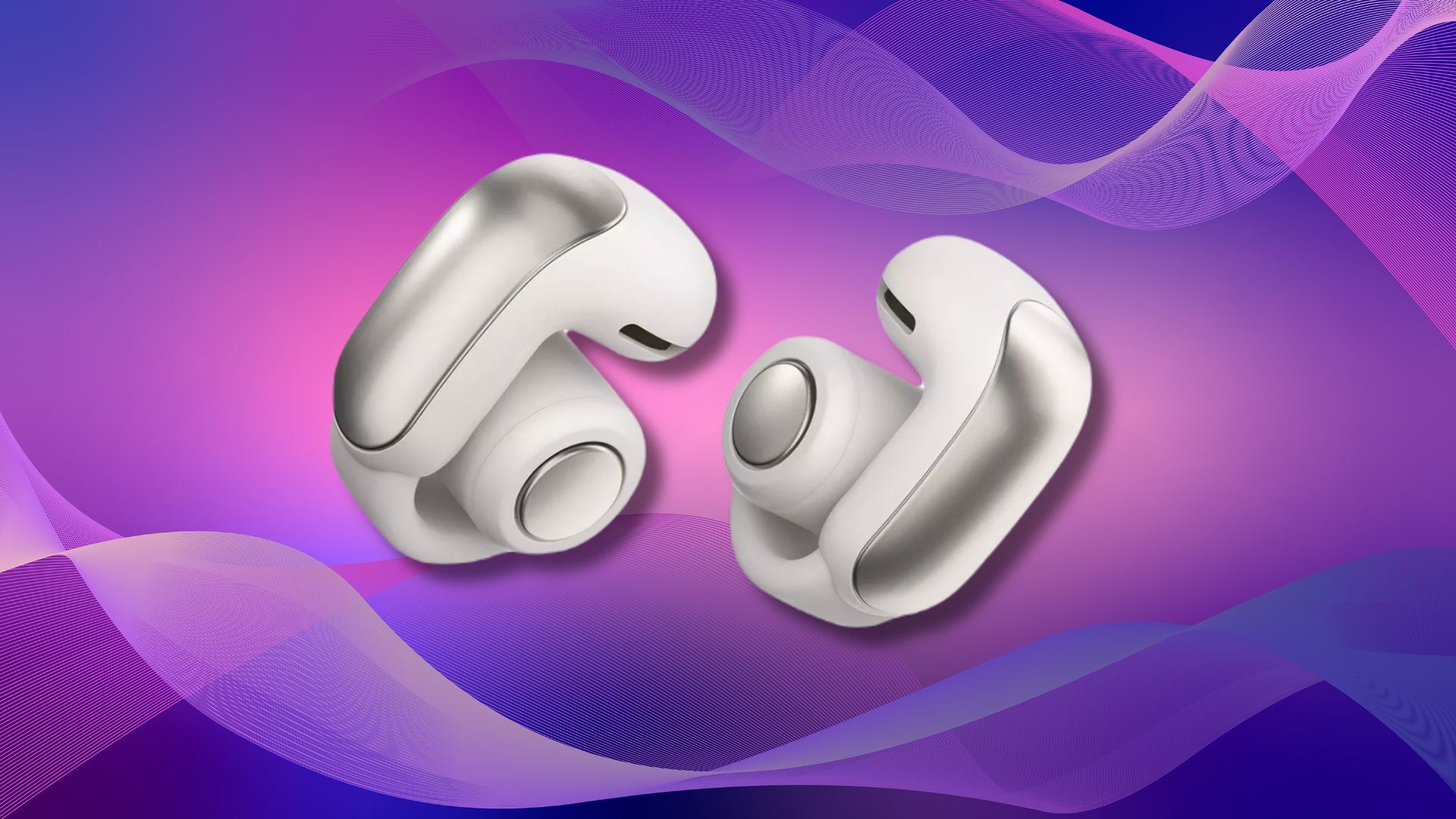 bose ultra open earbuds on a purple and pink wavy background