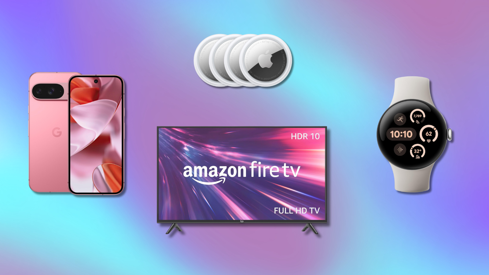 blue and purple tie dye background with AirTags, Google Pixel phone, Google Pixel Watch, and Amazon Fire TV