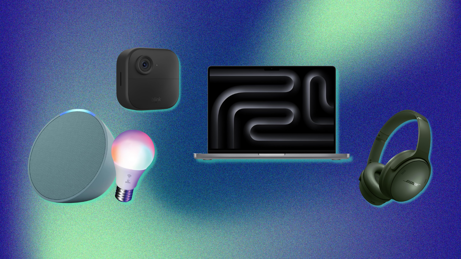 blue and teal background with collage of MacBook Pro, Blink Outdoor camera, Bose headphones, and Echo Pop with smart light bulb