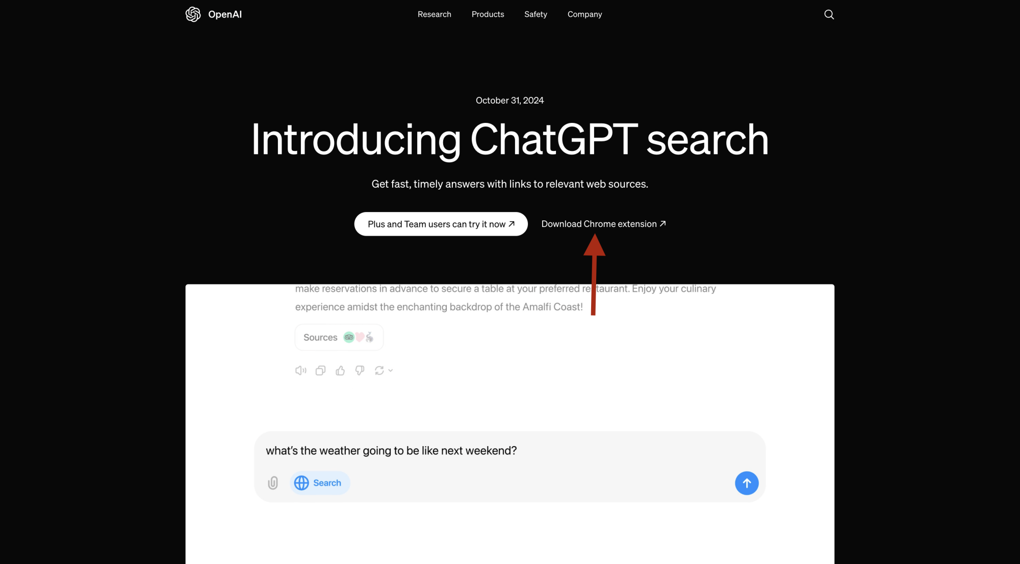 Screenshot of ChatGPT Search announcement page