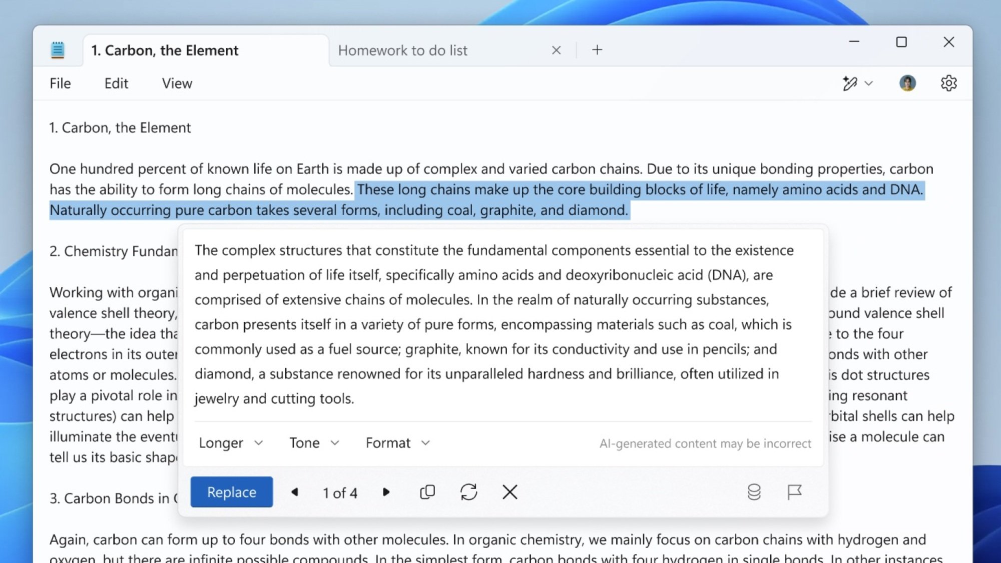 Windows 11 Rewrite for Notepad feature on a desktop showing the ability to edit text with generative ai