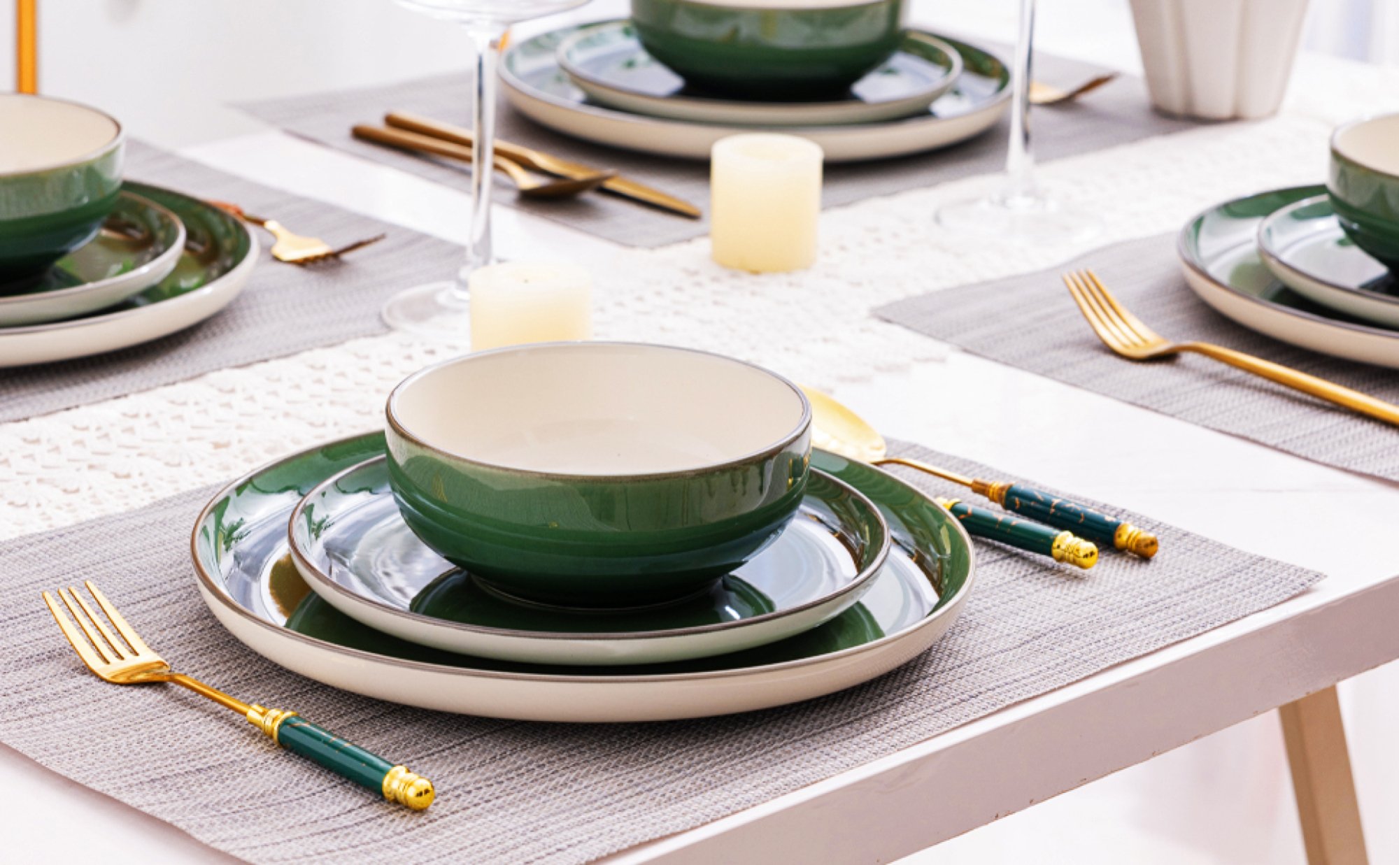 table set with green tableware