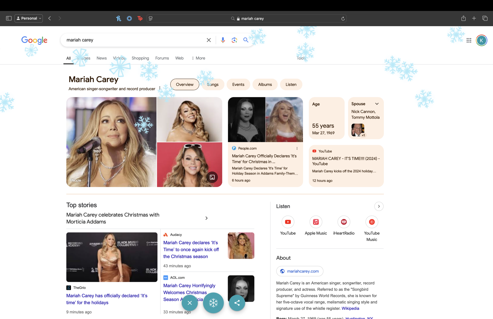 Snowflakes on Mariah Carey's Google Search page