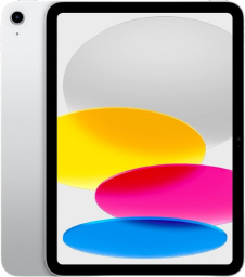 An iPad 10th Gen appears on a white background with yellow, pink, and blue orbs on its screen.